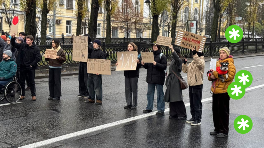 На фото група людей із картонками в руках, які перекрили проїзну частину. На картонках написи “де наш перехід”.